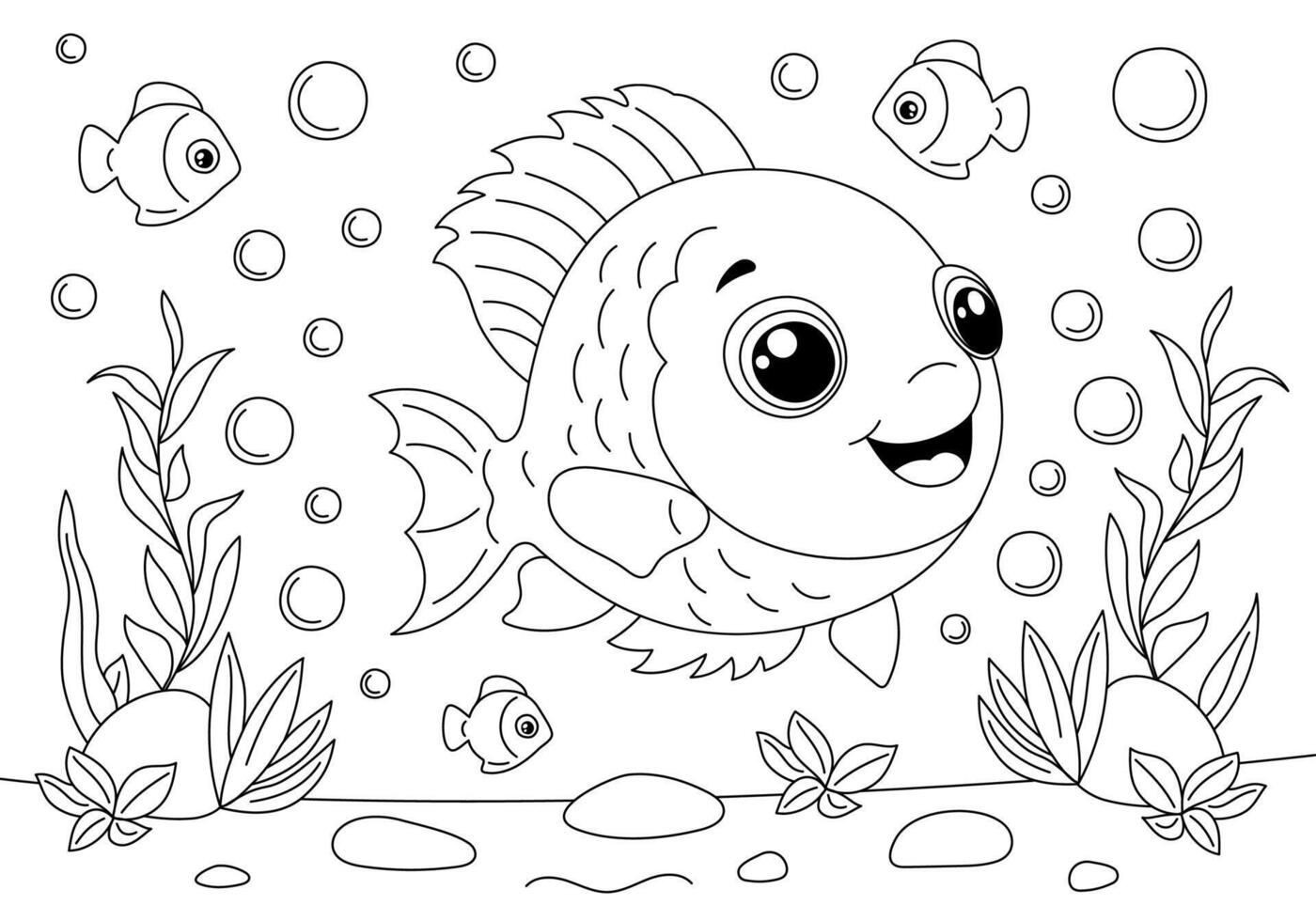 kleur boek bladzijde met schattig glimlachen vis in bubbels en onderwater- planten. schets illustratie voor kinderen. vector