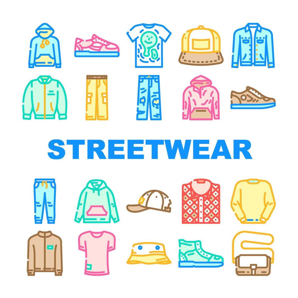 streetwear kleding stedelijk stijl pictogrammen reeks vector