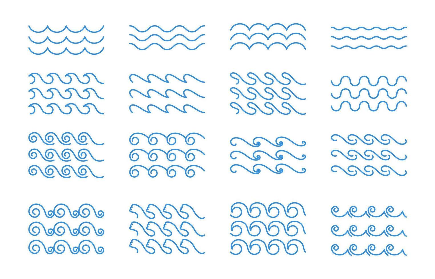 water golven. golvend lijn grens. tekening gebogen rivier, zee, oceaan Golf icoon. naadloos nautische kronkelig teken. decoratief gekruld horizontaal vorm geven aan, schets vloeistof elementen. reeks vector