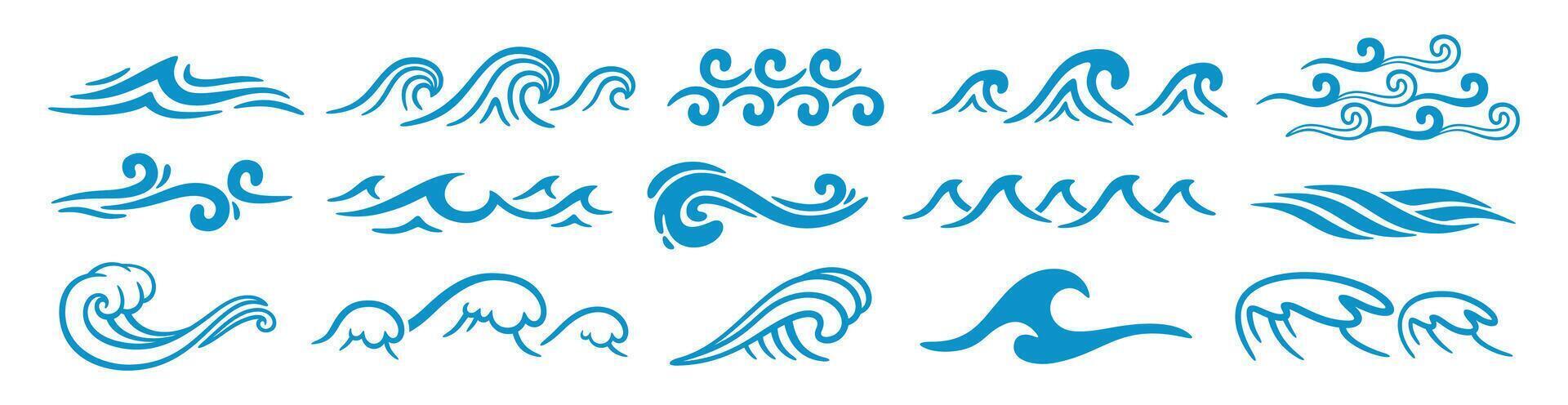 abstract zee golven. oceaan silhouet aqua krullen, rimpelingen, krullen, spatten. turkoois en blauw water marinier pictogrammen voor grafisch ontwerp. logo sjabloon. reeks vector