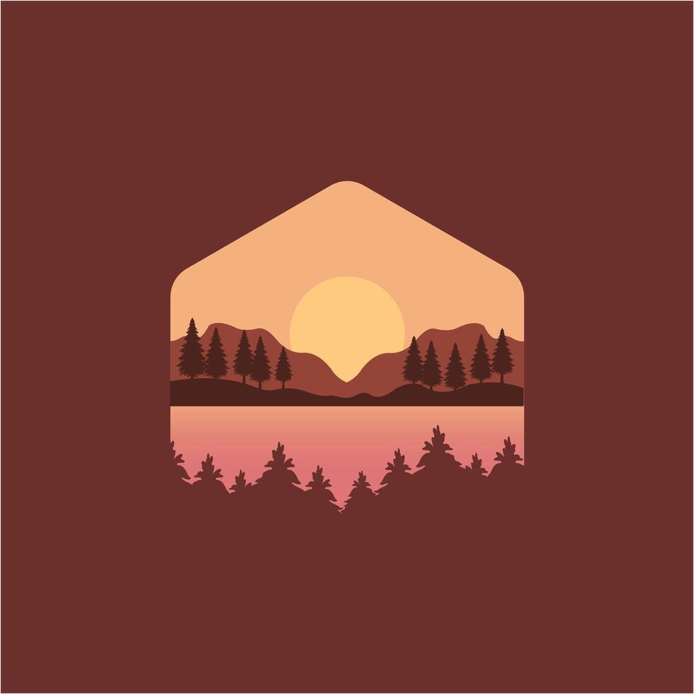 natuur tafereel met berg en Woud, meer en heuvels landschap illustratie logo ontwerp vector