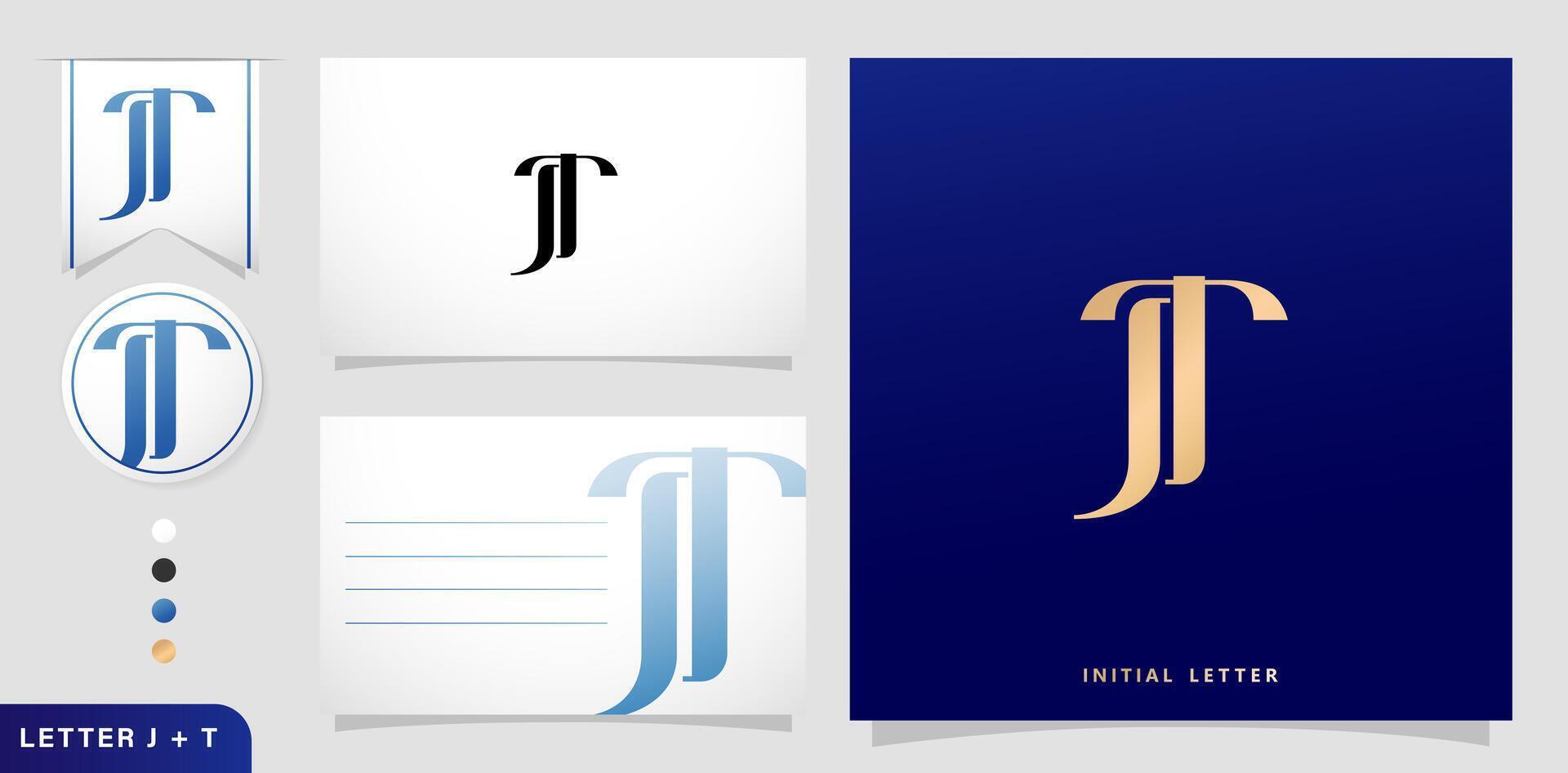 een reeks van bedrijf kaarten met de brief jt, luxe eerste brieven j en t logos ontwerpen in blauw kleuren voor branding advertenties campagnes, boekdruk, borduurwerk, aan het bedekken uitnodigingen, envelop teken symbolen vector