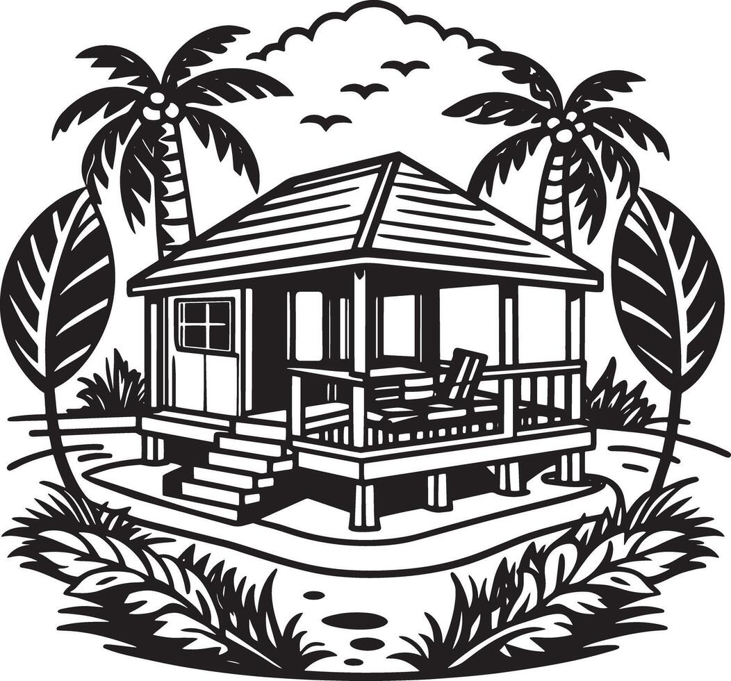 tropisch huis Aan de strand. zwart en wit illustratie. vector