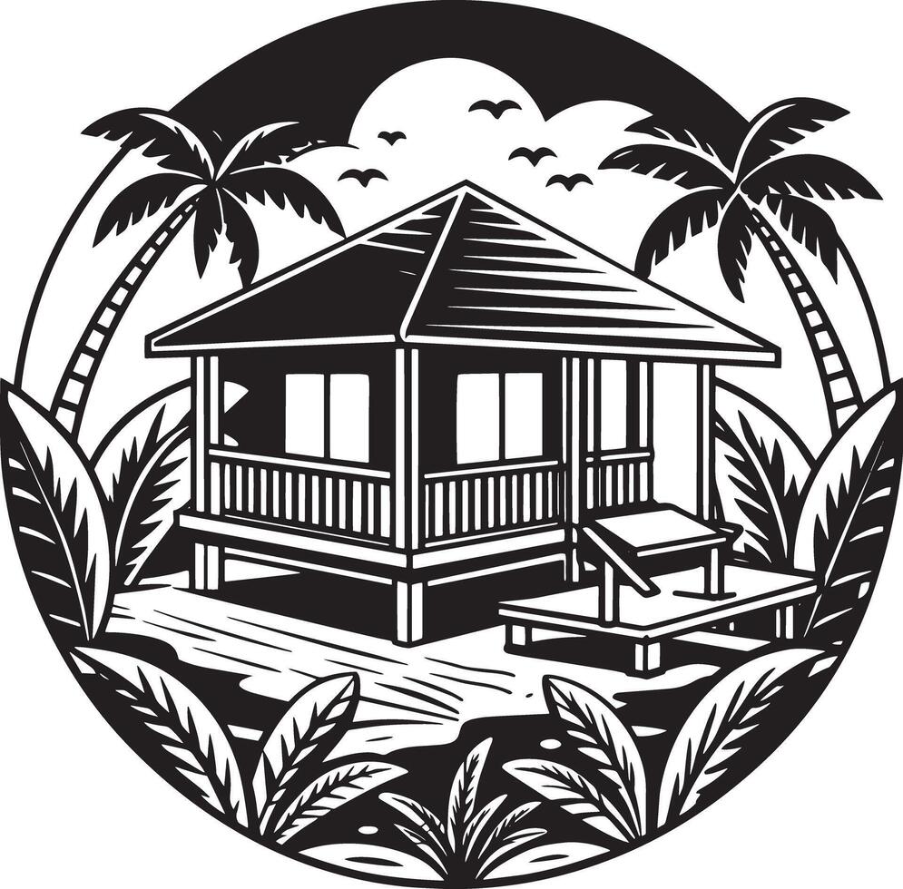 tropisch huis Aan de strand. zwart en wit illustratie. vector
