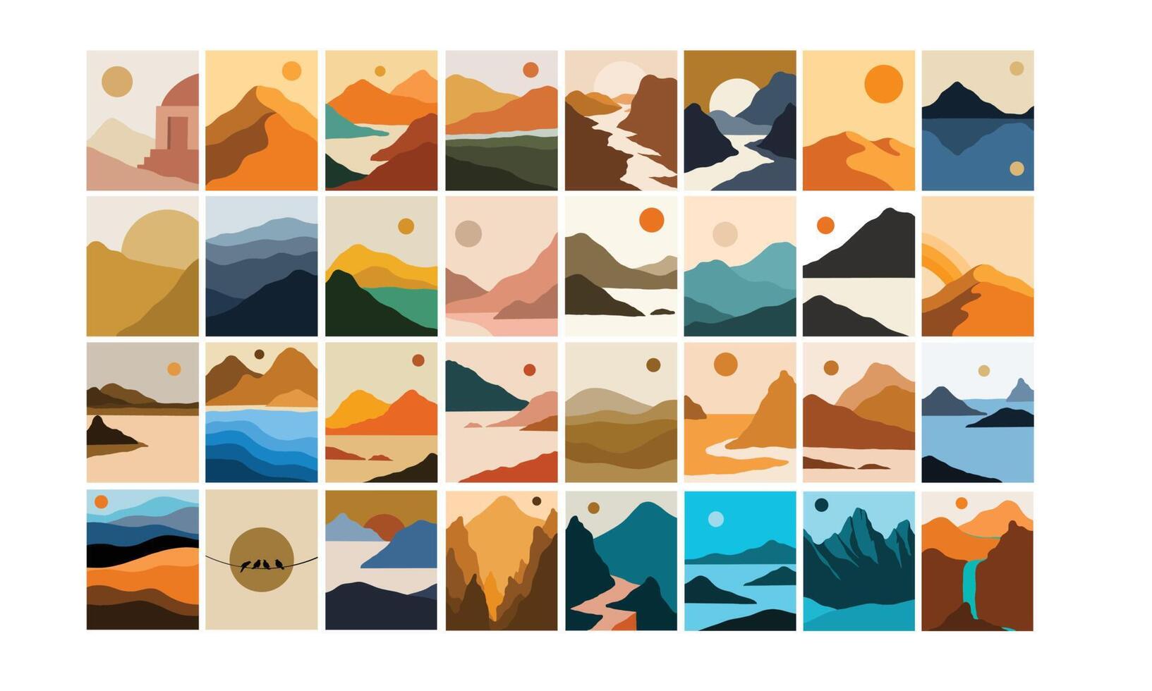 minimalistische landschap vectorillustratie. creatief abstract landschap van de berg, de oceaan, het meer en de lucht. zonsondergang en zonsopgang nuance in aardetint kleur. trendy eigentijdse ontwerpillustratie. vector