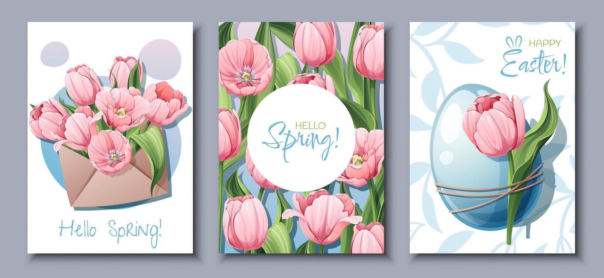 reeks van groet kaart Sjablonen met voorjaar bloemen voor Pasen. poster, banier met tulpen in een envelop, met een Pasen ei. Hallo de lente. illustratie van delicaat bloemen in tekenfilm stijl. vector