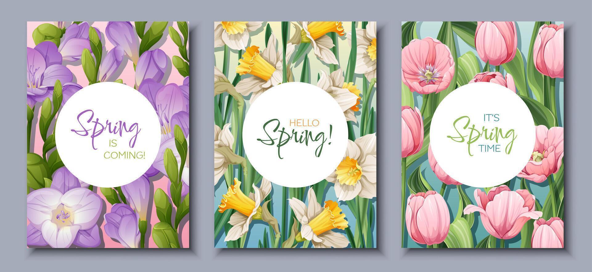 voorjaar is in de buurt met mooi bloem regelingen Aan drie kaarten vector