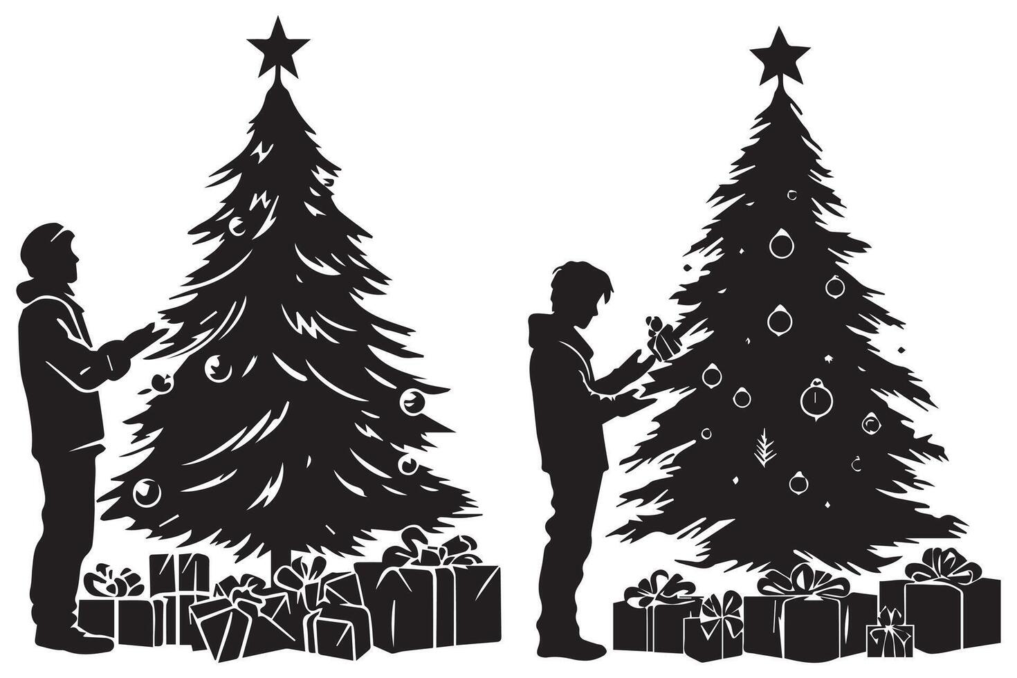 silhouet Mens en geschenk onder Kerstmis boom pro ontwerp vector