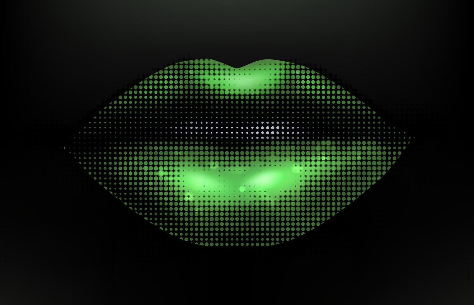 groen lippen retro halftone Aan de zwart achtergrond. natuurlijk sexy vrouw lippen in stijl modern stippel knal kunst stijl. illustratie met wijnoogst grunge punk- uitknippen vector