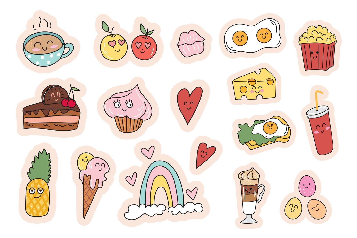 reeks van stickers met schattig voedsel met antropomorf gezichten. cappuccino, hart, regenboog, taart, ijs room, muffin, lippen, ananas, latte, popcorn, eieren Benedictus, kaas. groovy snoepgoed en ontbijt voedsel vector