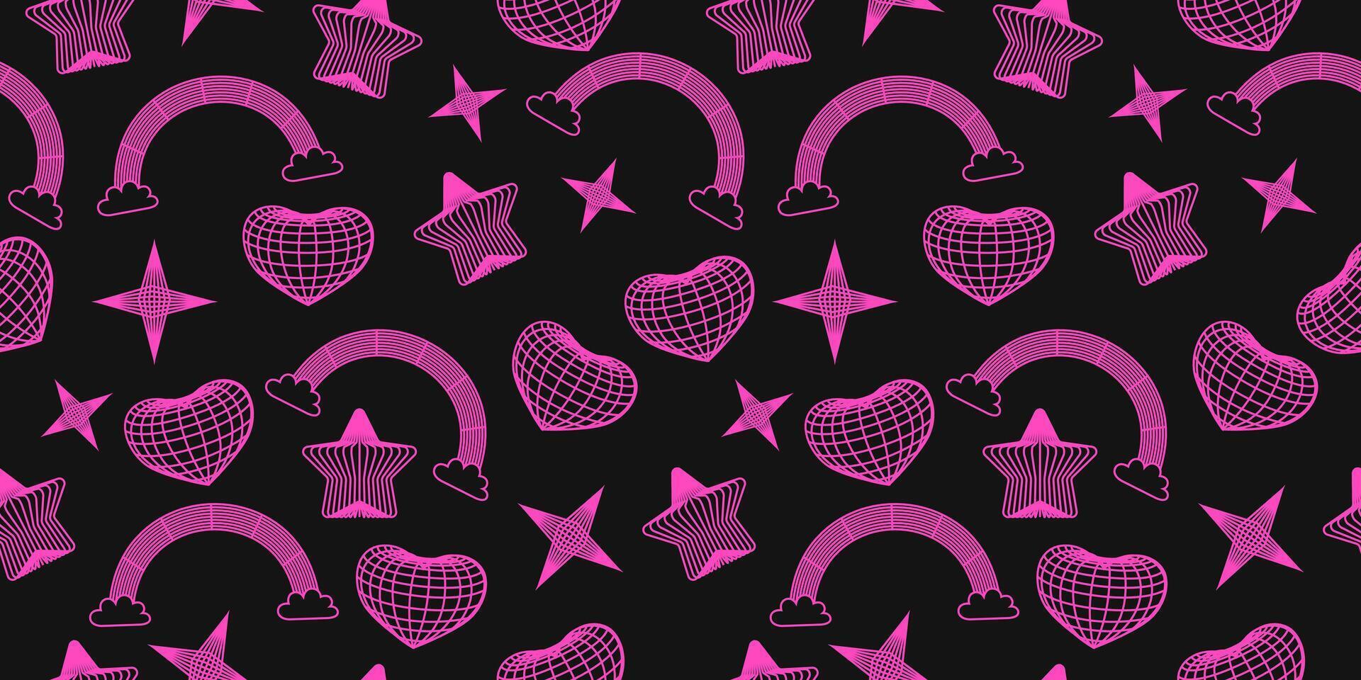 naadloos patroon met roze wireframe harten, sterren, regenboog met wolken Aan zwart achtergrond. cyberpunk stijl structuur met geometrie rooster. y2k retro Golf. jaren 2000 psychedelisch enthousiast stijl. vector