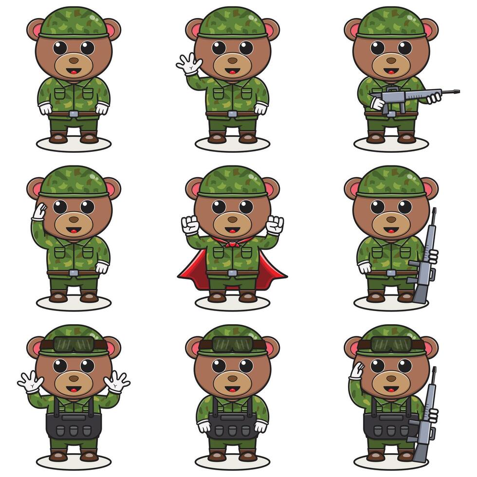 schattig beer soldaat in camouflage uniform. tekenfilm grappig beer soldaat karakter met helm en groen uniform in verschillend posities. grappig dier illustratie set. vector