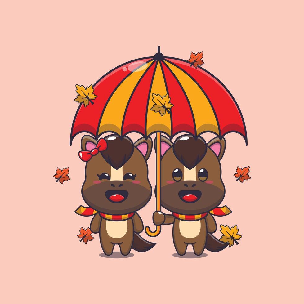 schattig paar paard met paraplu Bij herfst seizoen. vector