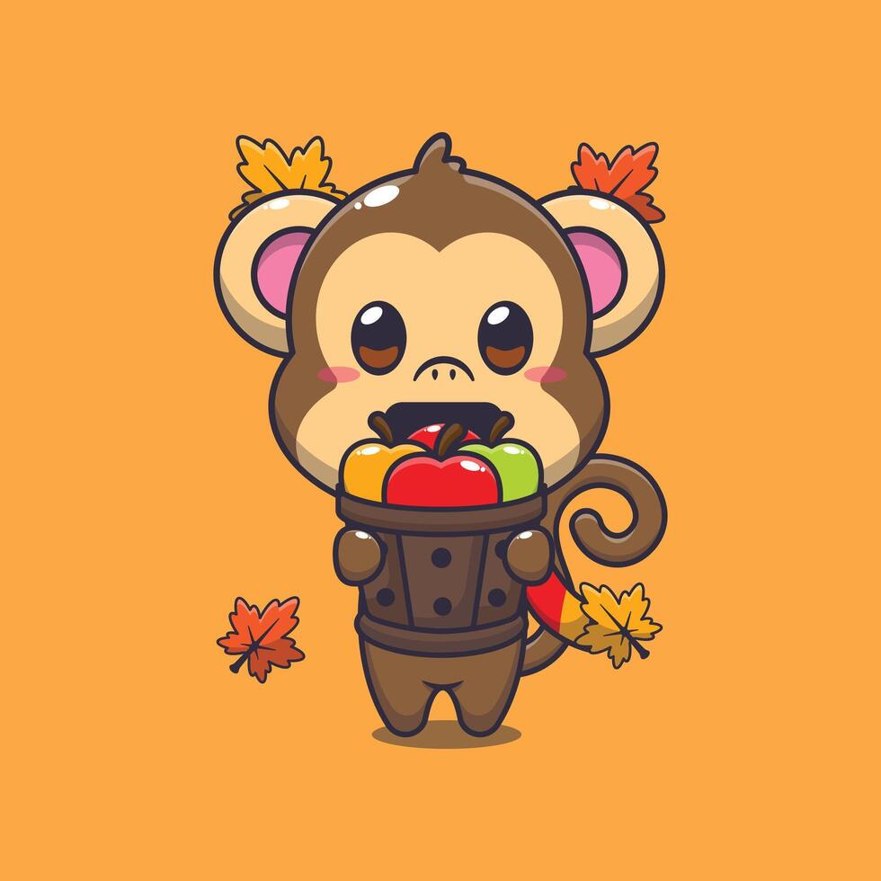 schattig aap Holding een appel in hout emmer. vector