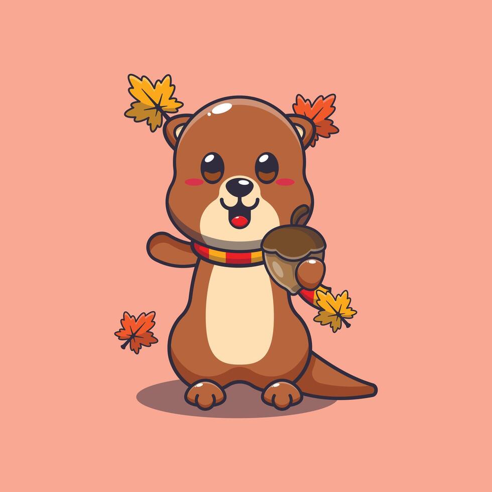 schattig Otter met eikels Bij herfst seizoen. vector