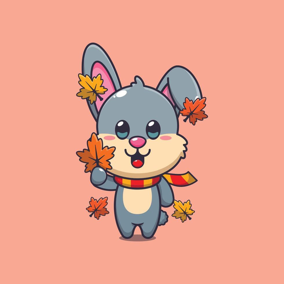 schattig konijn Holding herfst blad. mascotte tekenfilm illustratie geschikt voor poster, brochure, web, mascotte, sticker, logo en icoon. vector