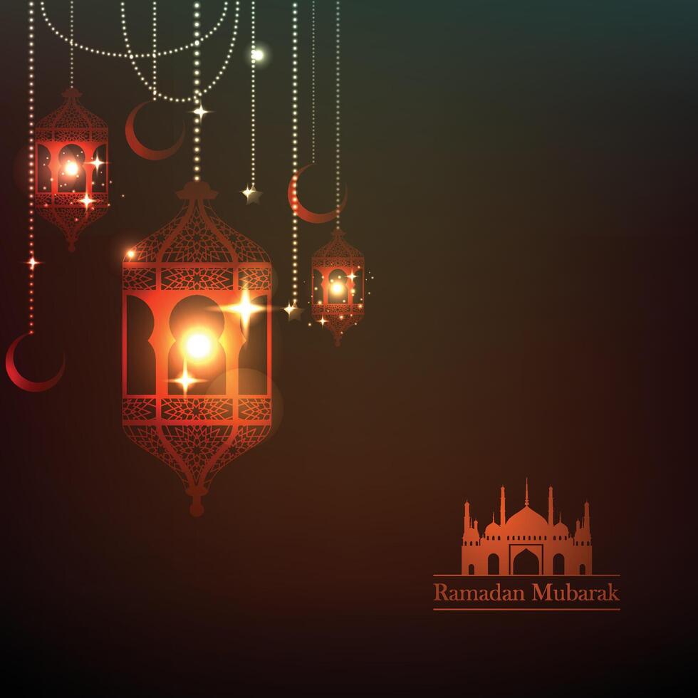 een goud Ramadan lantaarn met een moskee in de achtergrond. vector