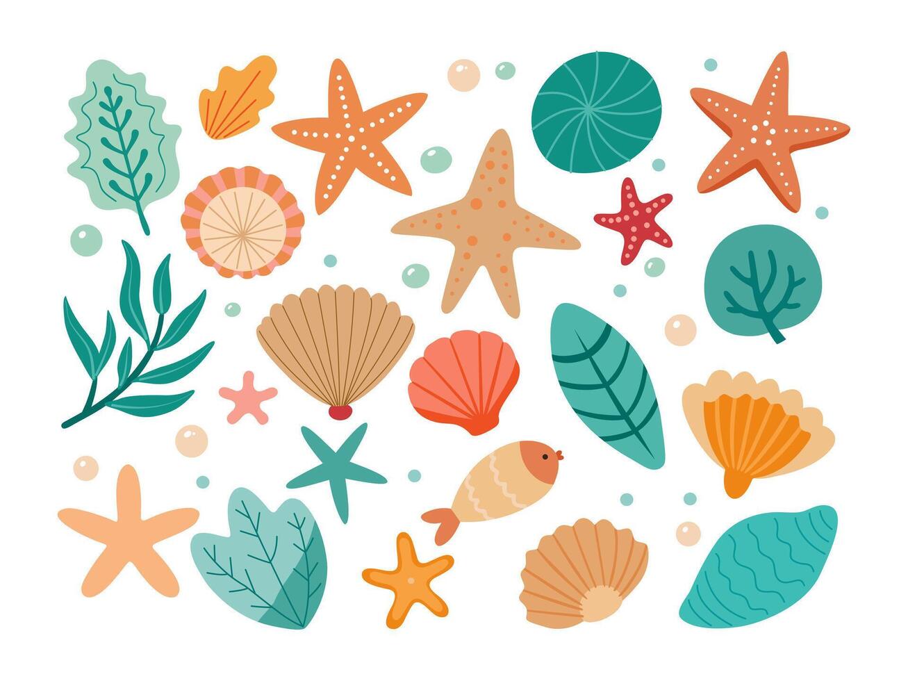 reeks van gekleurde zee schelpen, zeewier en zeesterren vector
