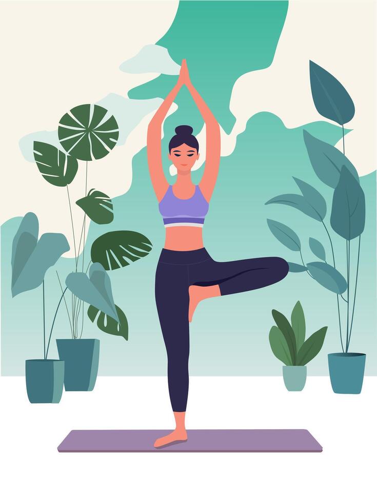 jong tiener meisje, aan het doen yoga houding tussen bloemen vector