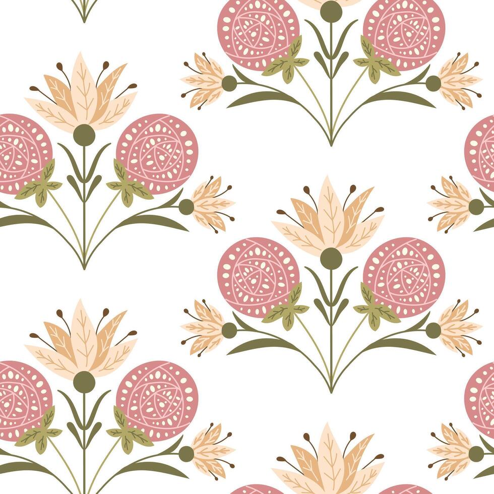 retro naadloos patroon met abstract symmetrisch bloemen samenstelling in volk stijl in gedempt kleuren. botanisch fantasie vlak illustratie in boho stijl voor bruiloft. afdrukken ontwerp voor textiel of behang vector