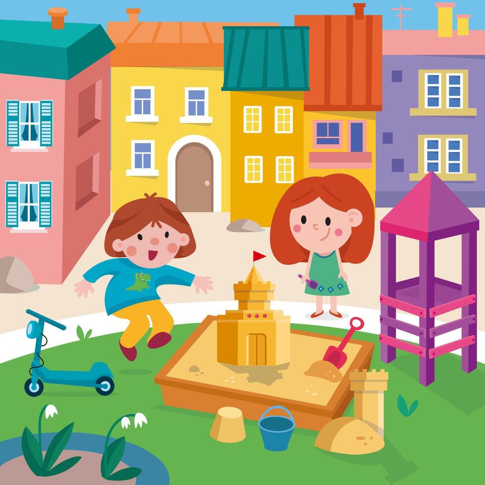 kinderen Aan speelplaats in zomer. zandbak en kasteel. tekenfilm illustratie. tafereel voor ontwerp. illustratie. vector