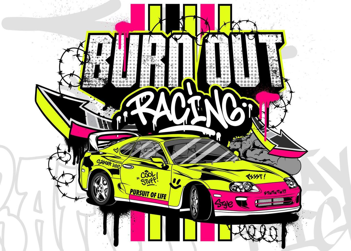 auto graffiti illustratie. straat racing auto illustratie in graffiti stijl vector