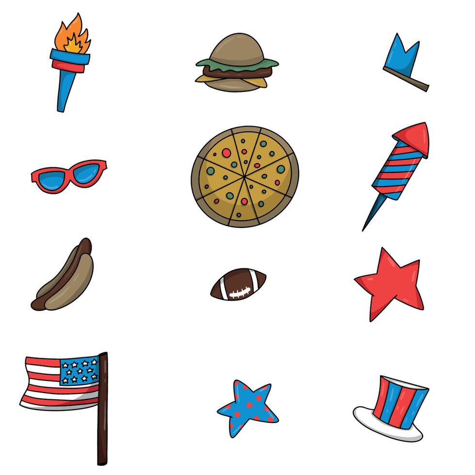 patriottisch Verenigde Staten van Amerika artikelen. banier ontwerp voor 4e van juli. hotdog, hamburger, pizza, vuurwerk, Amerikaans vlag, zonnebril vector