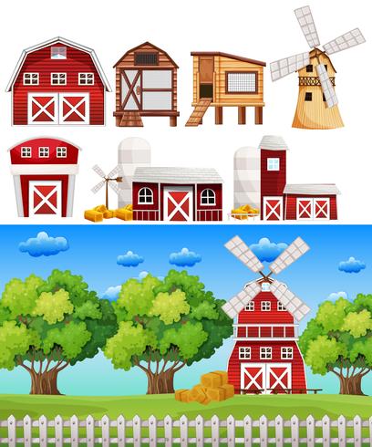 Boerderij scène met verschillende gebouwen vector
