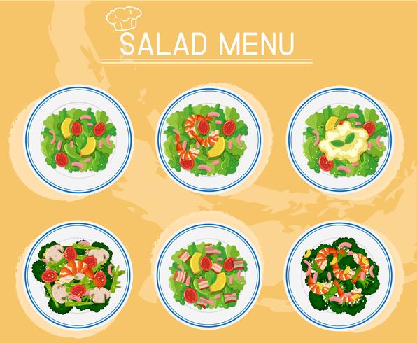 Verschillende platen van salade op het menu vector