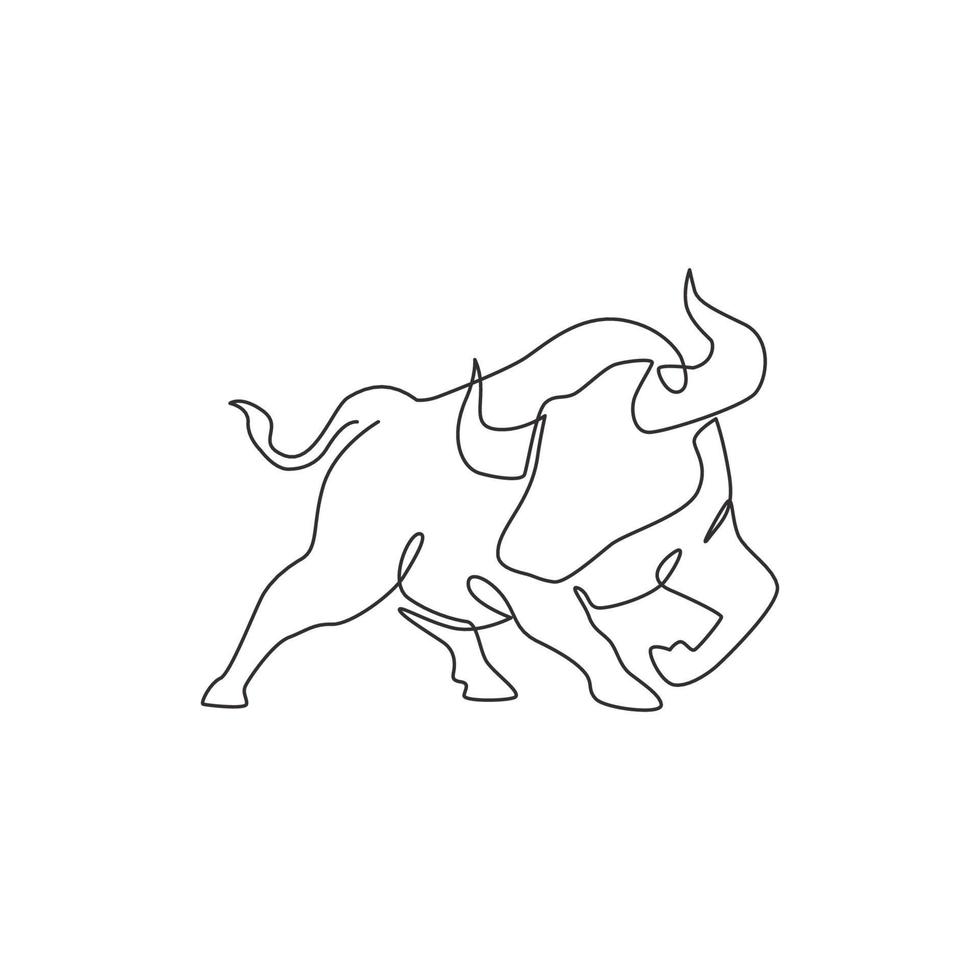 één enkele lijntekening van elegantie-buffel voor de identiteit van het logo van het natuurpark. groot sterk stierenmascotteconcept voor rodeoshow. moderne ononderbroken lijn vector grafische tekening ontwerp illustratie