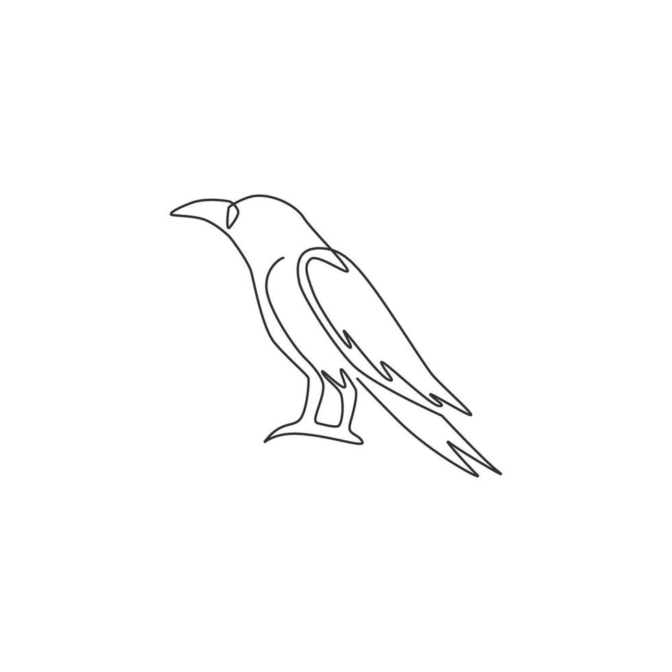 een doorlopende lijntekening van zwarte raaf voor de identiteit van het spookhuislogo. kraai vogel mascotte concept voor begraafplaats icoon. dynamische enkele lijn tekenen ontwerp vector grafische afbeelding