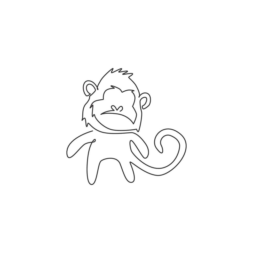 enkele doorlopende lijntekening van schattige wandelende aap voor de identiteit van het logo van de nationale dierentuin. schattig primaat dier mascotte concept voor circusshow icoon. een lijn tekenen ontwerp grafische vectorillustratie vector