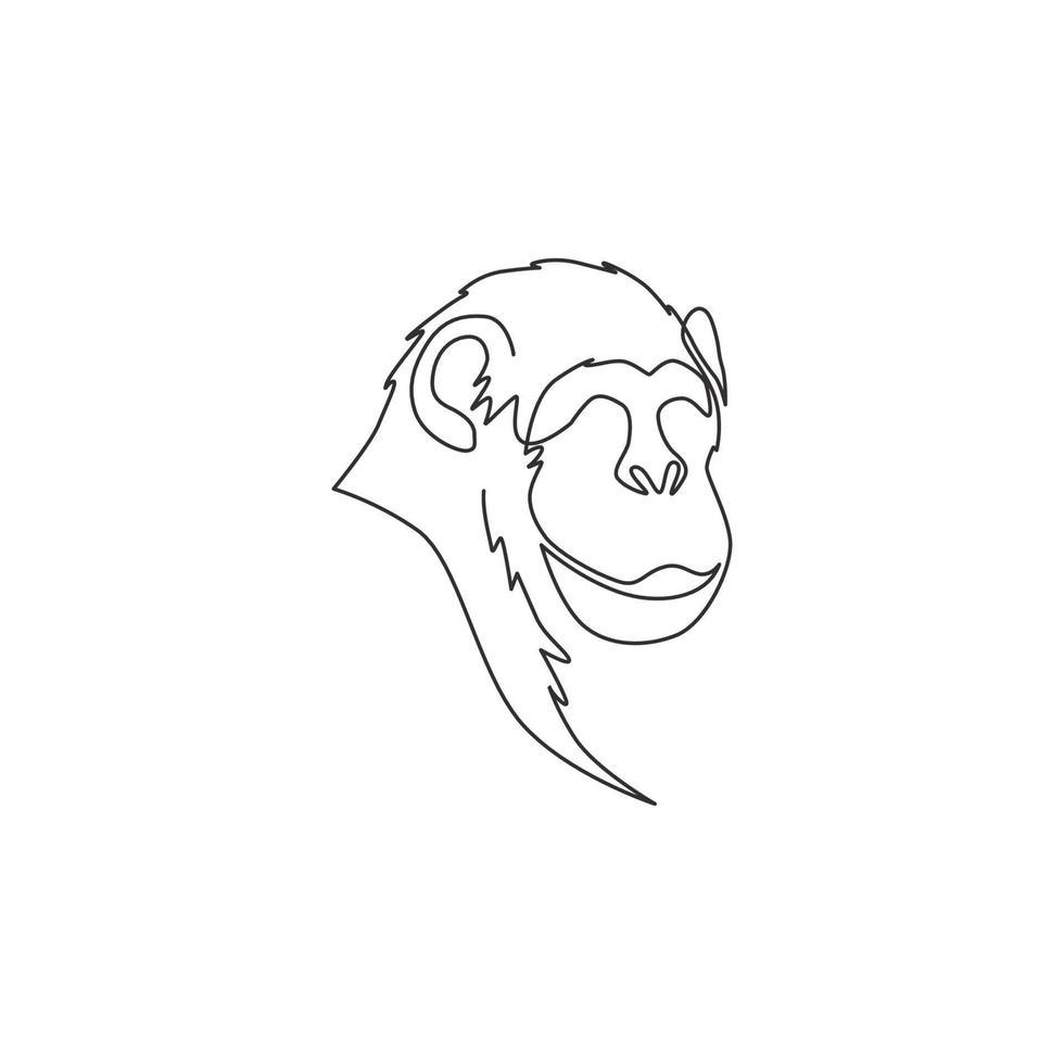 één enkele lijntekening van het schattige lachende chimpanseehoofd voor de bedrijfslogo-identiteit. schattig chimpansee dier mascotte concept voor corporate icoon. doorlopende lijn tekenen ontwerp vectorillustratie vector