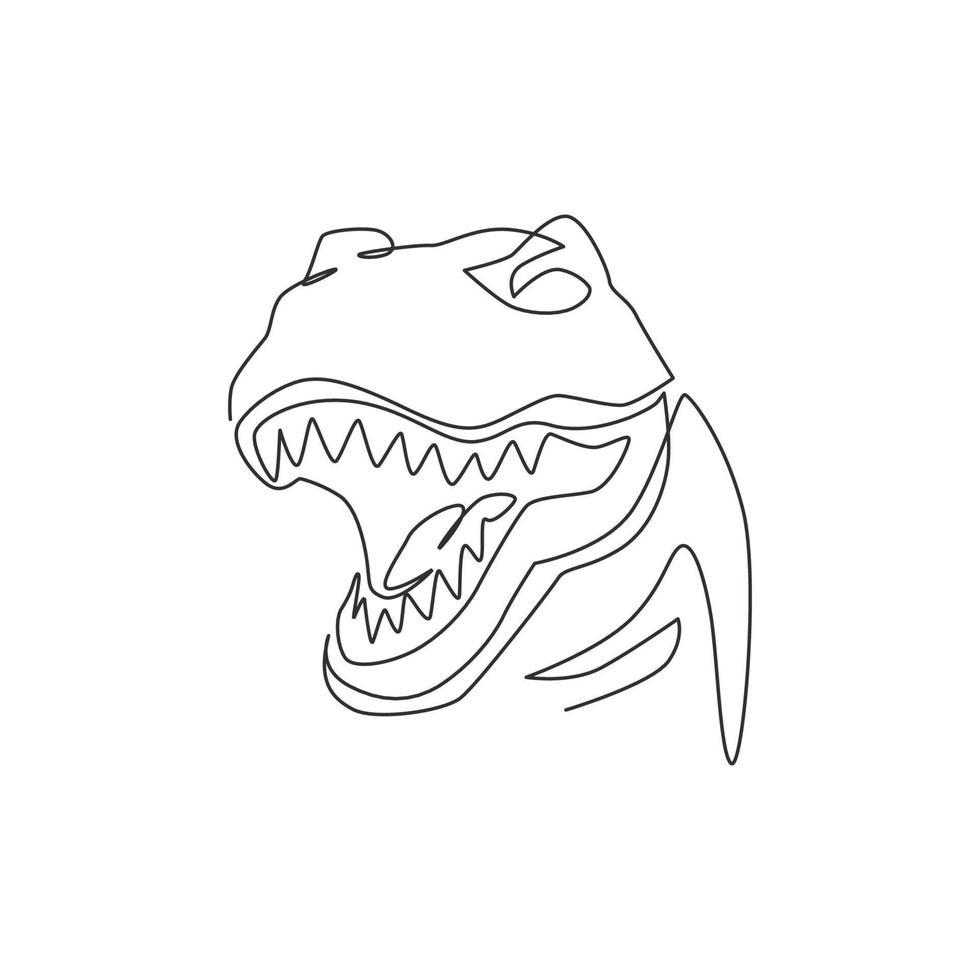 enkele doorlopende lijntekening van tyrannosaurus rex hoofd voor logo-identiteit. prehistorisch dier mascotte concept voor dinosaurussen thema pretpark icoon. een lijn tekenen grafisch ontwerp vectorillustratie vector