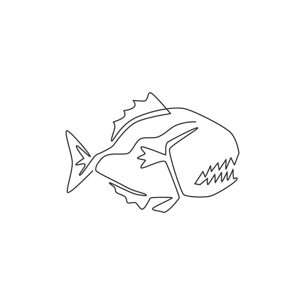 een doorlopende lijntekening van gevaarlijke piranha voor logo-identiteit. monster vis mascotte concept voor gevaarlijke rivier teken icoon. enkele lijn tekenen ontwerp vector grafische afbeelding