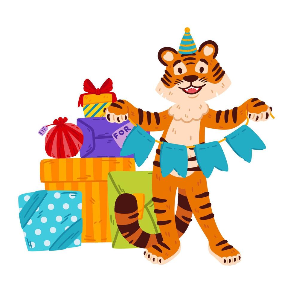 lachende tijger met feestmuts, feestelijke slingervlaggen, cadeautjes. Chinees dierenriemdier. symbool van het nieuwe jaar 2022, 2034. vectorillustratie geïsoleerd op een witte achtergrond. vector