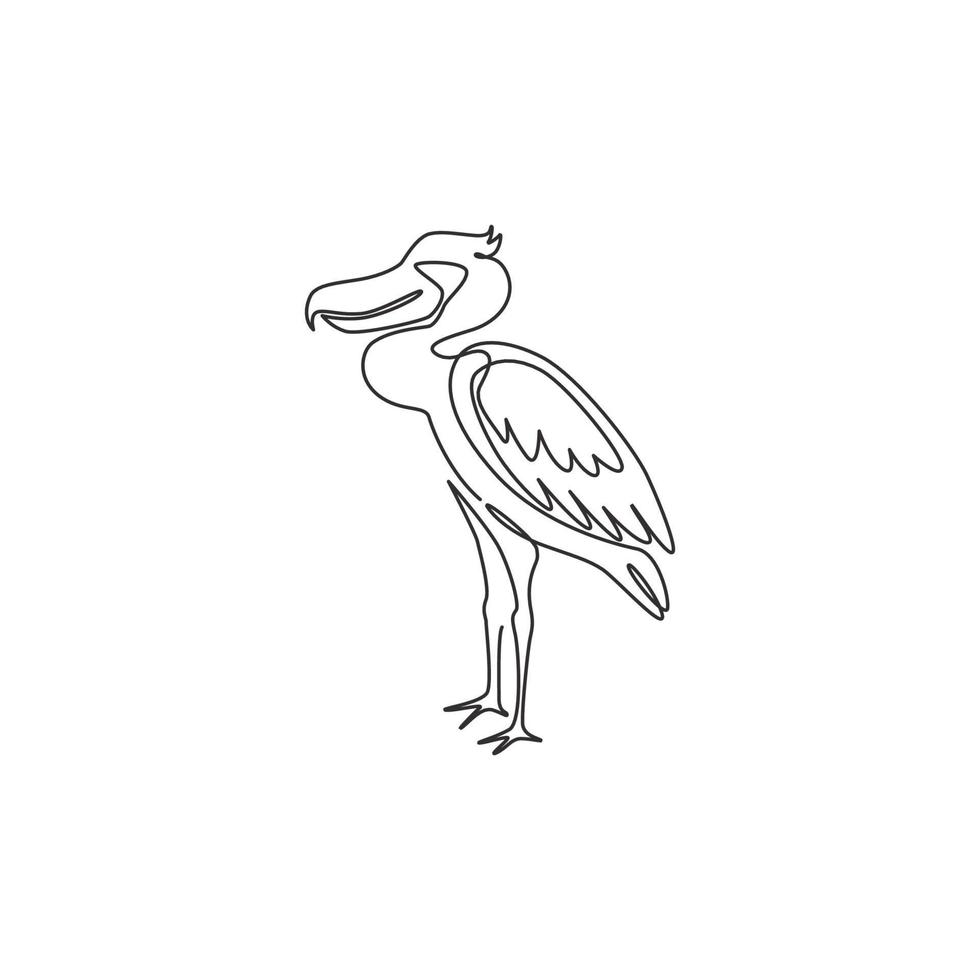 enkele doorlopende lijntekening van grote schattige shoebill voor logo-identiteit. grote prehistorische dinosaurus vogel mascotte concept voor instandhouding park icoon. moderne één lijn tekenen ontwerp vectorillustratie vector