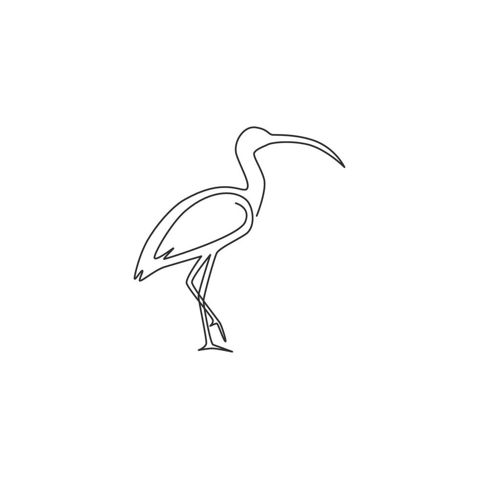enkele doorlopende lijntekening van elegante ibis-vogel voor de identiteit van het organisatielogo. universitair mascotteconcept voor het pictogram van de onderwijsinstelling. moderne één lijn tekenen ontwerp vector grafische afbeelding