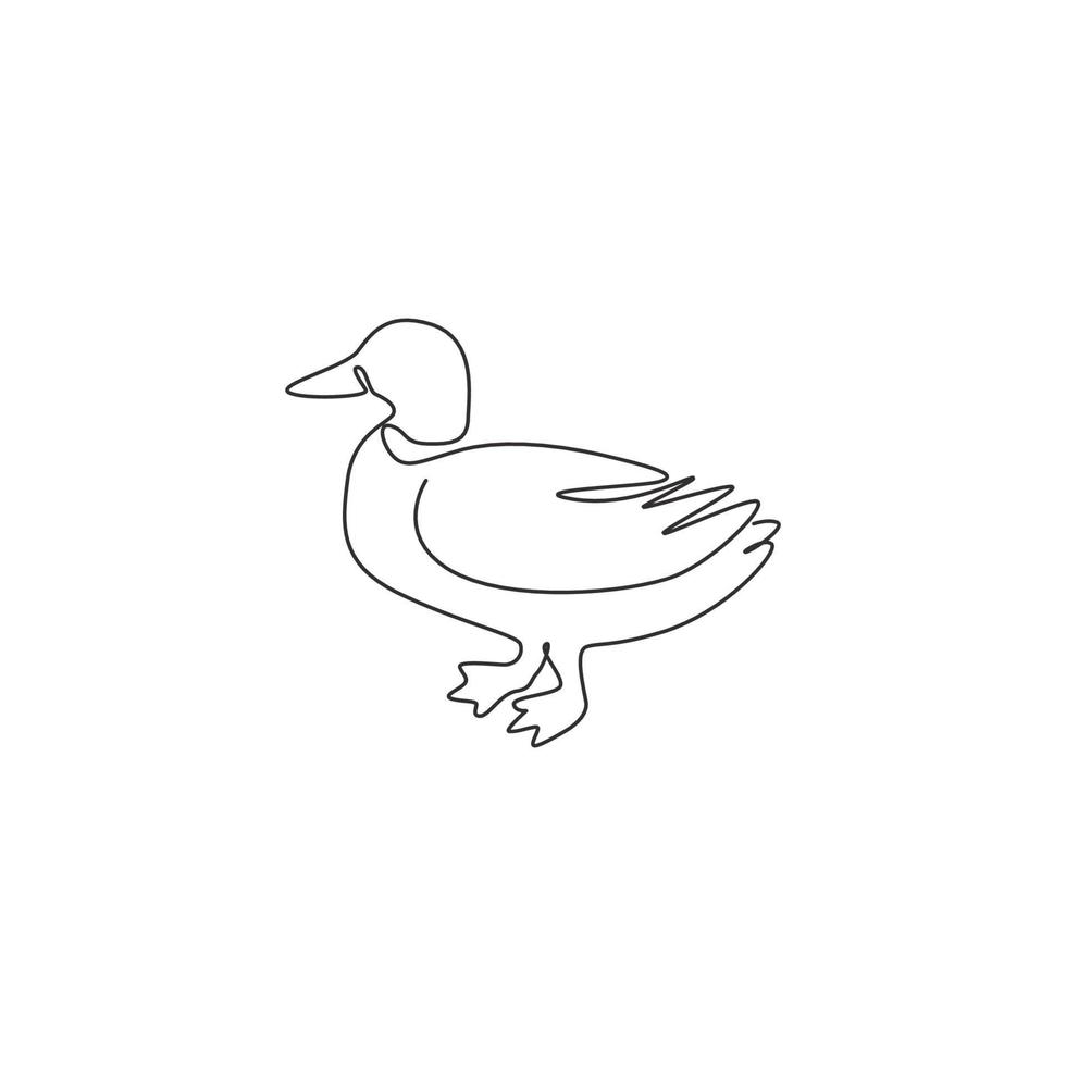 enkele doorlopende lijntekening van schattige wilde eend voor de identiteit van het boerderijlogo. watervogel eend mascotte concept voor dierlijk vee icoon. moderne één lijn tekenen ontwerp vector grafische afbeelding