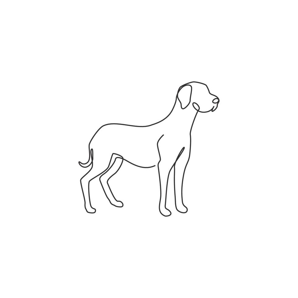 een doorlopende lijntekening van onstuimige Duitse dog voor de identiteit van het logo van het beveiligingsbedrijf. rasechte hond mascotte concept voor stamboom vriendelijk huisdier icoon. moderne enkele lijn tekenen ontwerp vectorillustratie vector