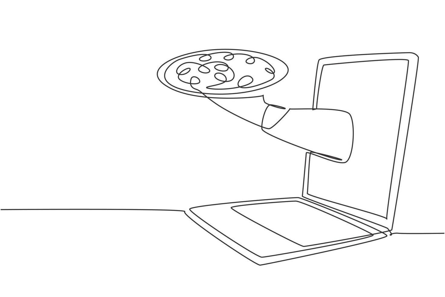 continue één lijntekening handen uit laptopscherm met dienblad open om pizza te serveren. e-winkel. digitaal eten bestellen. online levering dienstverleningsconcept. enkele lijn tekenen ontwerp vector grafische afbeelding