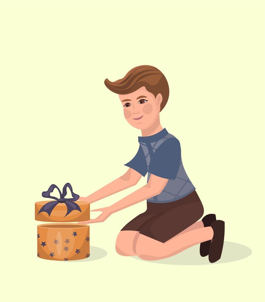 een kleine jongen pakt een geschenkdoos uit. vectorillustratie in cartoon-stijl vector