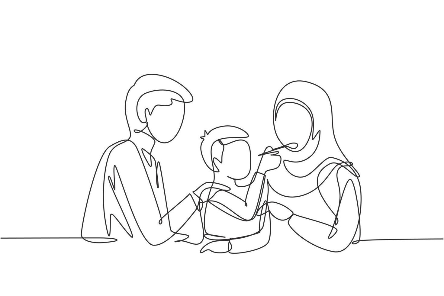 enkele één lijntekening arabische familie die samen plezier heeft in een modern restaurant. jongen voedt zijn moeder met liefde. gelukkig klein familieconcept. doorlopende lijn tekenen ontwerp grafische vectorillustratie vector