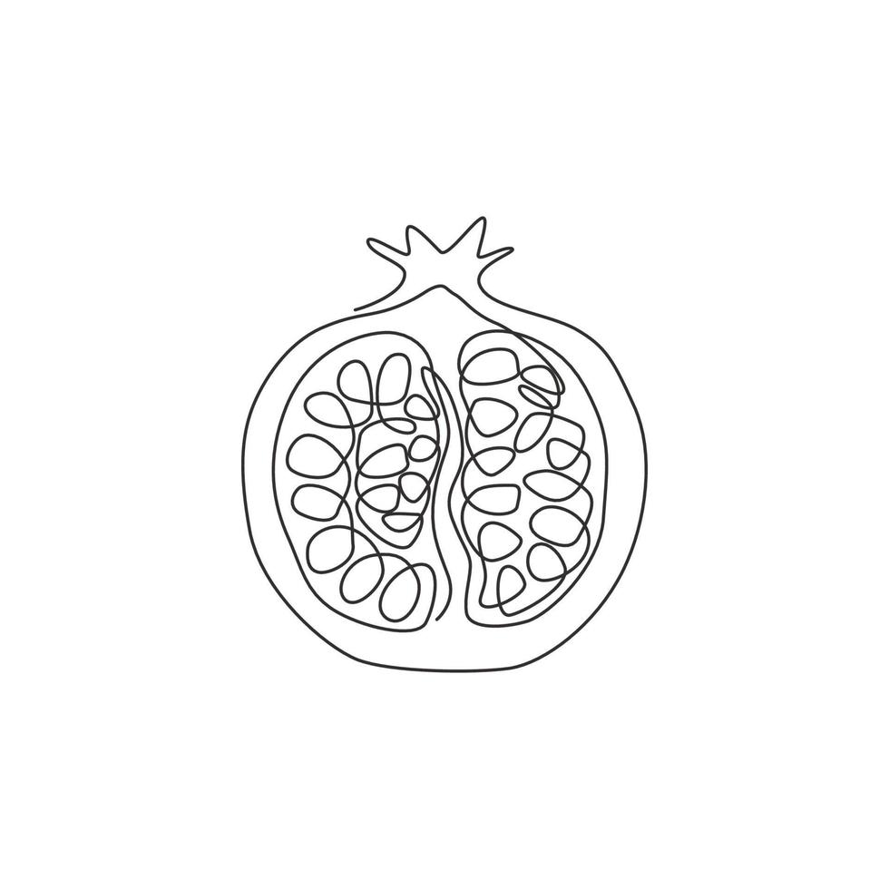 één enkele lijntekening van half gesneden gezonde biologische granaatappel voor de identiteit van het boomgaardlogo. vers fruitzaadconcept voor fruittuinpictogram. moderne doorlopende lijn tekenen ontwerp vectorillustratie vector