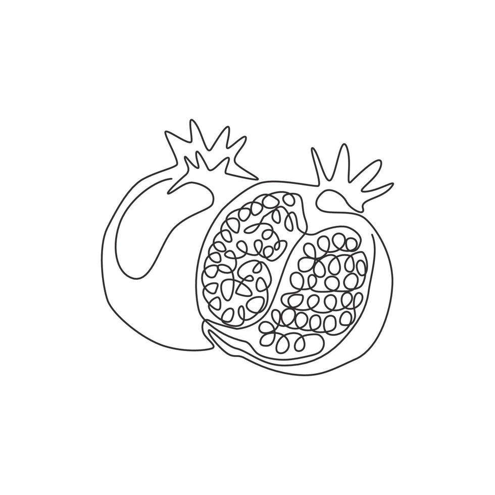 enkele doorlopende lijntekening van hele en half gesneden gezonde biologische granaatappel voor de identiteit van het boomgaardlogo. vers zaadconcept voor fruittuinpictogram. moderne één lijn tekenen ontwerp vectorillustratie vector