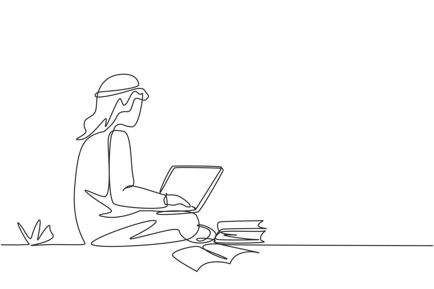 continue één lijntekening Arabische mannelijke studenten studeren met laptop, stapel boeken en zitten in het park. terug naar school, online onderwijs. enkele lijn tekenen ontwerp vector grafische afbeelding
