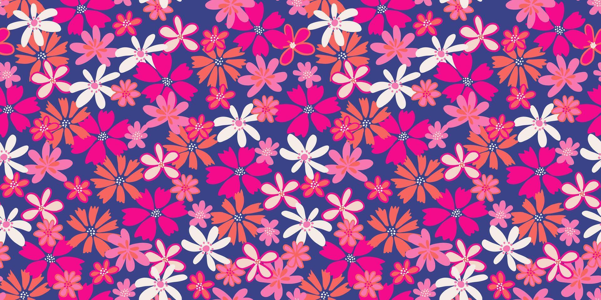 kleurrijk naadloos patroon met abstract vormen groovy bloemen. hand- getrokken. schattig ditsy bloemen het drukken Aan een blauw achtergrond. sjabloon voor ontwerpen, notitieboekje omslag, kinderachtig textiel vector