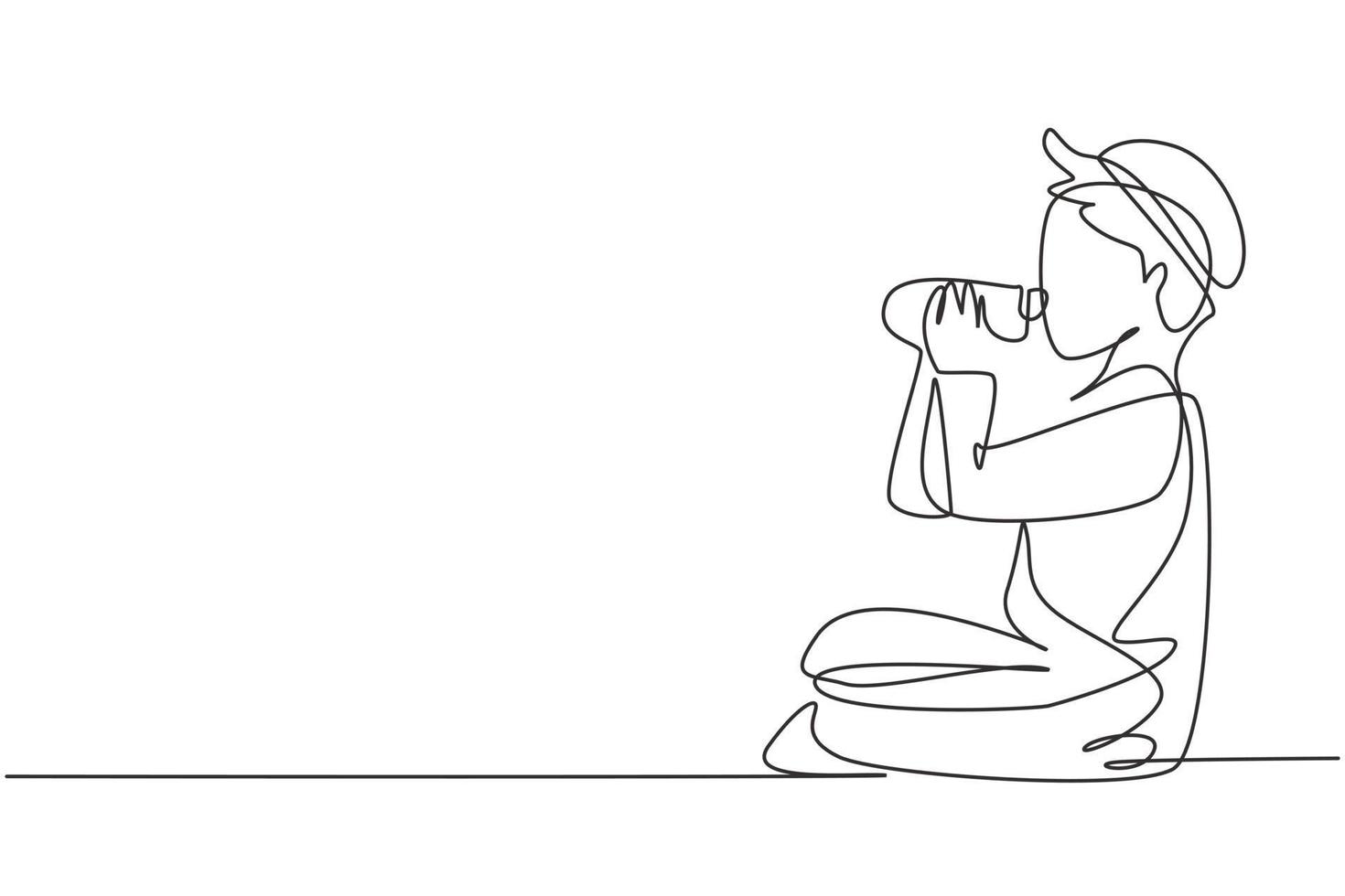 enkele een lijntekening Arabische jongen zittend terwijl hij geniet van een fles verse melk om zijn lichaamsvoeding te vervullen. gezondheid en groei van het kind. moderne doorlopende lijn tekenen ontwerp grafische vectorillustratie vector