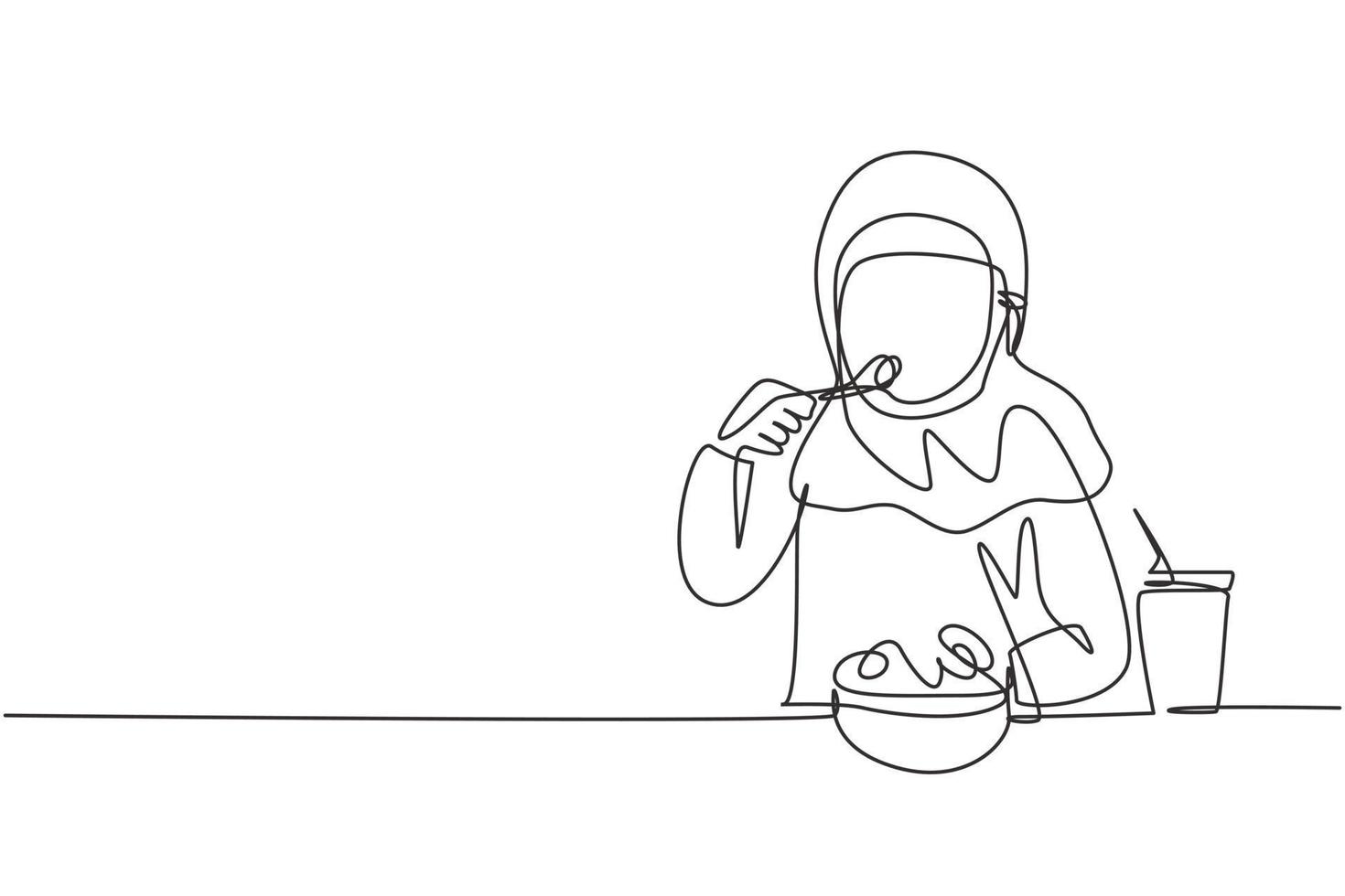 continu een lijntekening arabisch meisje met salade maaltijd met vork rond tafel. blij en geniet 's ochtends van het ontbijt. heerlijk en gezond eten. enkele lijn tekenen ontwerp vector grafische afbeelding