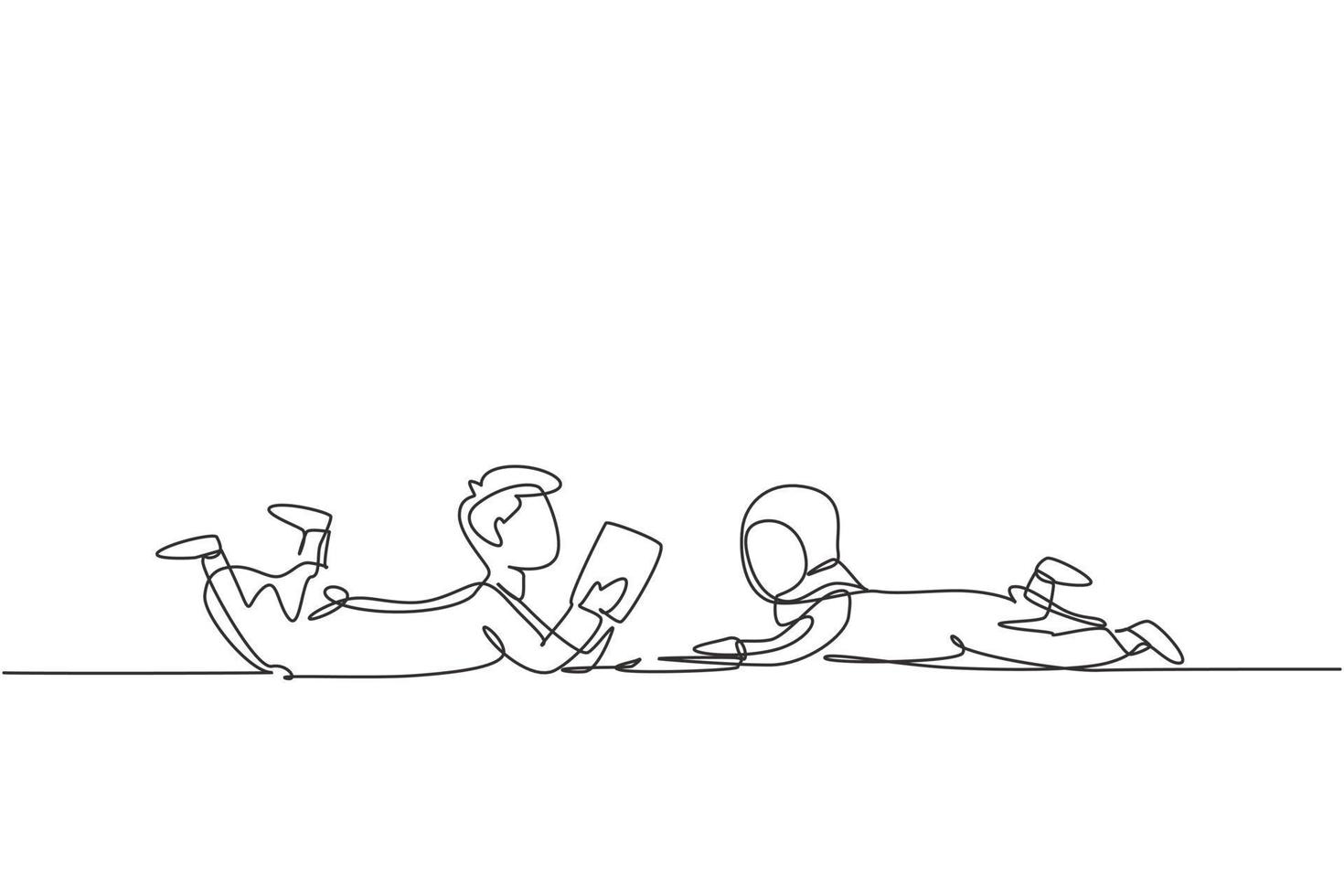 enkele lijntekening twee Arabische kinderen jongen en meisje lezen, leren en op de vloer liggen. thuis studeren. slimme studenten, onderwijs. doorlopende lijn tekenen ontwerp grafische vectorillustratie vector